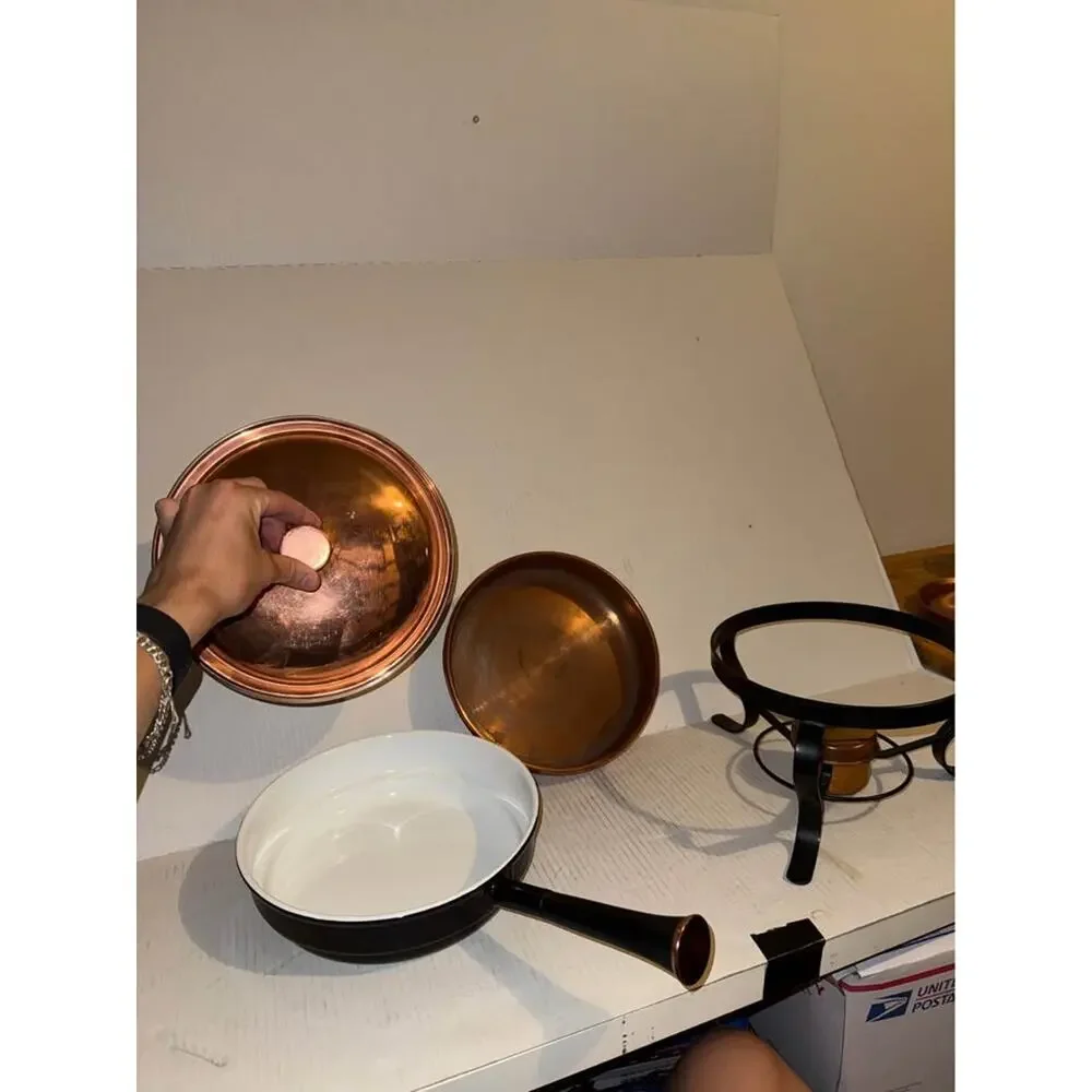 Vintage Copper Chafing Dish with Wood Handle and White Enamel Inside